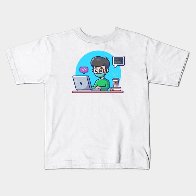 Male working on computer with cat cartoon Kids T-Shirt by Catalyst Labs